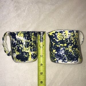 Set of two Pottery Cup and Pitcher Small Handmade Blue, Yellow & White Antique
